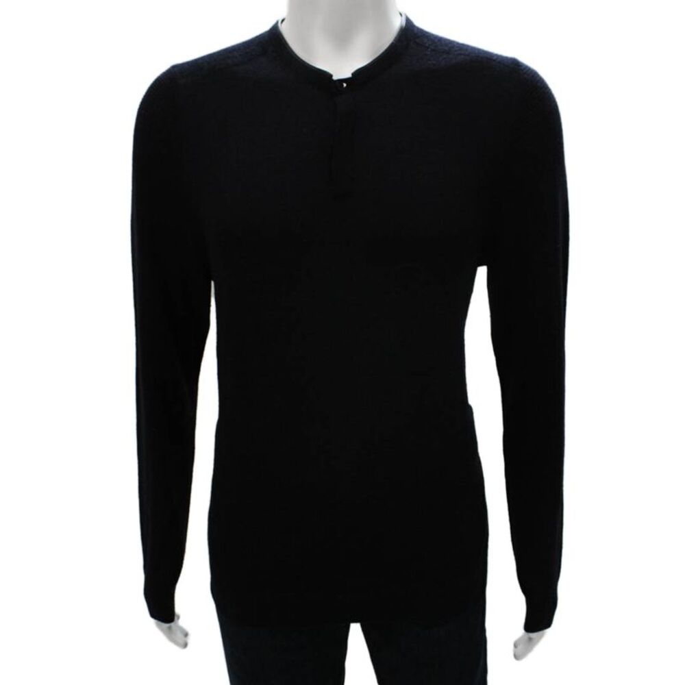 IKKS Mens Henley Wool Collared Sweater Black Long Sleeve Size XL